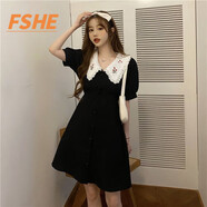 FSHE2025法式甜美初戀裙韓版娃娃領(lǐng)收腰顯瘦赫本風(fēng)連衣裙 黑色 XL