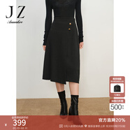 玖姿·安娜蔻法式復古松緊羊毛褶皺半身裙腰裙女冬款 素黑 S