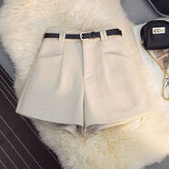 毛呢裝口袋短褲女2024秋冬高腰A字闊腿褲顯瘦寬松打底呢子靴褲 燕麥杏配腰帶 S S