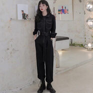 ADTNM連體褲女2026秋裝韓版寬松高腰顯瘦明線(xiàn)帥氣工裝連衣褲套裝潮 黑色   新款面料升級版 M 【適合105-115斤左右】