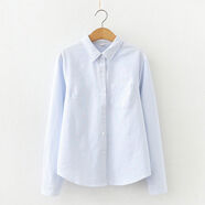 韓范通勤文藝小清新豎條紋寬松全棉牛津紡白襯衫女長(cháng)袖打底衫學(xué)生 淺藍條紋 S S90-105斤