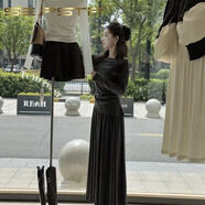 夏典素訂女王（SE.PSTP）2025秋季新款韓版時(shí)尚套裝女氣質(zhì)長(cháng)袖一字肩上衣搭半身裙兩件套 圖色套裝+腰帶 S (建議80-100斤)