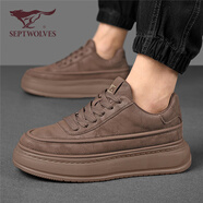 七匹狼（SEPTWOLVES）男鞋冬季加絨休閑鞋工裝鞋厚底增高板鞋AB6252480005 酒紅 39