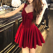 冶芷大裙擺公主裙蝴蝶結千金感無(wú)袖收腰紅色連衣裙 辣妹蝴蝶結吊帶連衣裙紅色 M