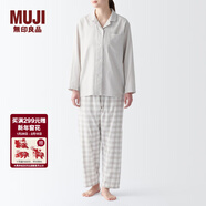 MUJI 女式 無(wú)側縫雙層紗織睡衣女士家居服春秋純棉條紋格紋長(cháng)袖 女款 淺米色格紋 M (上裝160/84A下裝160/66A)