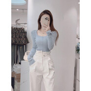 俏博萊今年流行的美麗女裝早春2024新法國獨特的小上衣修身針織針織品西 藍色上衣【今年流行漂亮減齡衣服時(shí)尚獨特別致法式又甜 S