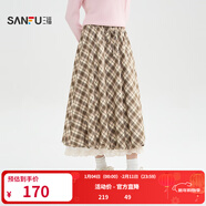 三福（SANFU）長(cháng)裙2025冬季蕾絲拼接松緊腰復古寬松裙子女裝509019 粉格 M
