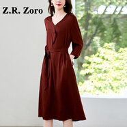Z.R.Zoro輕奢品牌真絲連衣裙2026春季新款純色荷葉邊調節腰洋氣時(shí)尚連衣裙 酒紅色 M 100-125