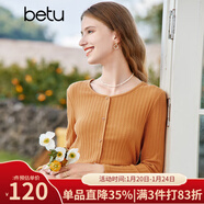 百圖betu女裝秋新款T恤圓領(lǐng)長(cháng)袖精致蝴蝶結紐扣針織T恤女2308T19 橙色 M