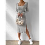 歐美方領(lǐng)長(cháng)袖開(kāi)衩提花連衣裙女秋冬新款 灰色 XS