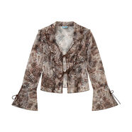 化學(xué)少女未知海域海盜覆古印花荷葉邊V領(lǐng)防曬襯衫夏 棕色現貨 S S