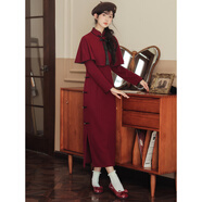 吻璦（wenai）連衣裙2026年春季新款長(cháng)袖裙子新中式改良酒紅色仿羊絨復古斗篷旗 酒紅色旗袍套裝 S