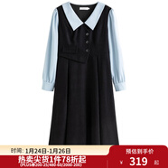 獨束大碼女裝假兩件撞色襯衫領(lǐng)連衣裙女秋冬微胖mm文藝復古穿搭裙子 墨染黑【適合160左右】 2XL