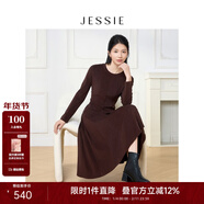 JESSIE復古美拉德圓領(lǐng)長(cháng)袖中長(cháng)款連衣裙冬季新款 咖色 M