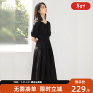 對白復古法式飄帶設計連衣裙女2025新款夏季浪漫優(yōu)雅純色寬松長(cháng)裙 黑色 L