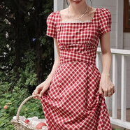 多菲尼森 紅格綺夢(mèng)法式甜美A字裙擺拼接腰帶掐腰桔梗初戀花邊連衣裙 紅格蕾絲拼接連衣長(cháng)裙 M 【95-110斤】