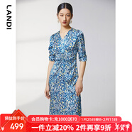 藍地（LANDI）商場(chǎng)同款夏季新款腰部抽褶碎花印花短袖連衣裙女 淺藍色 S