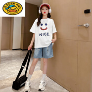 G.duck女童夏裝短褲2025新款韓范洋氣潮兒童褲子女大童夏季薄款牛仔中褲 白色套裝(上衣+短褲) 120 cm
