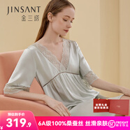 金三塔真絲睡衣女桑蠶絲蕾絲優(yōu)雅短袖連衣裙睡裙居家服 淺青瓷色 L