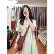 女夏季新款文藝復古日系長(cháng)裙寬松休閑顯瘦短袖連衣裙小個(gè)子慵懶風(fēng) 黃色 S S