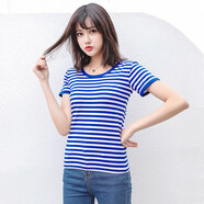 途尊（kingtrip）夏季?；晟滥卸绦銽恤條紋圓領(lǐng)水手服女海軍風(fēng)棉T半袖情侶裝寬松 女 天藍(lán)色 2XL