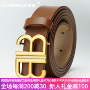 NOSSKISS國際奢侈品牌女士新款皮帶連衣裙裝飾細腰帶百搭裙帶平滑扣褲腰帶 焦糖色 （金扣） 105cm