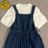 G.duck女童牛仔背帶連衣裙短袖襯衫兩件套女春夏裝學(xué)院風(fēng)中長(cháng)款裙子套裝 【單件】杏色上衣 160 【適合80-95斤】