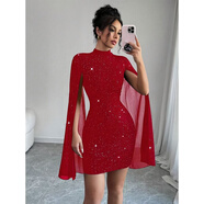 歐美女士連衣裙印花高領(lǐng)燈籠袖緊身性感辣妹包臀裙 紅色（現貨） L