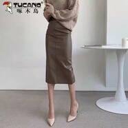 啄木鳥(niǎo)（TUCANO）后開(kāi)叉皮裙半身裙女秋冬韓版氣質(zhì)咖色高腰中長(cháng)款直筒裙包臀一步裙 咖啡色 L 105斤--115斤