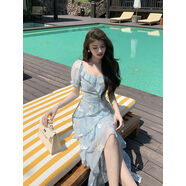 AMNANA法式甜美短袖碎花洋裝夏顯瘦仙女裙小個(gè)子漂亮氣質(zhì)長(cháng)裙 淺藍色 L L現貨