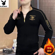 花花公子（PLAYBOY）加絨加厚假兩件衛衣男青年潮牌歐貨百搭體恤打底衫痞帥保暖上衣服 H332黑色 加絨 M 120斤內