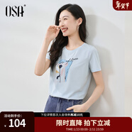 歐莎（OSA）白色女士短袖T恤夏裝2025年新款時(shí)尚流行氣質(zhì)顯瘦印花體恤上衣 淺藍色 XS