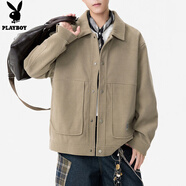 花花公子（PLAYBOY）翻領(lǐng)夾克男士2026春秋季新款潮流簡(jiǎn)約帥氣百搭休閑純色上衣外套男 10341-76689淺駝色夾克 XL (120-135斤)