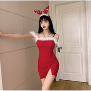 書(shū)與茶韓版高腰拼接連身裙秋冬新款夜店性感包臀短裙露背V領(lǐng)毛毛連衣裙 紅色 2272 S