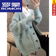 羅蒙（ROMON）羊毛慵懶風(fēng)流蘇毛衣外套女25秋冬新款韓版寬松單排扣針織開(kāi)衫女 淺藍色. S 建議80-95斤左右.