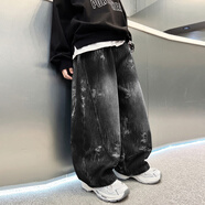 亨比男童褲子加絨加厚兒童中大童嘻哈潮流牛仔褲個(gè)性男孩時(shí)尚街舞穿搭 黑色-加絨冬款 140 適合身高1米35左右