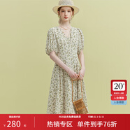 范思藍恩23FS12521茶歇法式雪紡碎花連衣裙女夏V領(lǐng)海邊度假長(cháng)裙子 米底黃花 XS