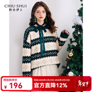 秋水伊人圓領(lǐng)復古提花條紋毛衣春秋新款女裝經(jīng)典百搭針織衫女 綠色 L