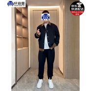 軒森圖春秋季男士輕熟風(fēng)夾克外套男款寬松大碼拼接撞色上衣胖子顯瘦搭配 jk505黑色夾克+黑色腰帶褲 M (165) 建議100-120斤