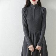 法式高端半拉鏈針織連衣裙女2025新款加厚保暖顯瘦收腰中長(cháng)款毛衣 深灰色 YZRJK-831 L 大碼