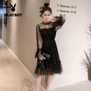 花花公子（PLAYBOY）仙女裙2025新款春夏裝亮片復古少女碎花超仙網(wǎng)紗蕾絲連衣裙中長(cháng)款 黑色111 M