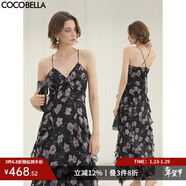 COCOBELLA花卉植物印花立體荷葉連衣裙度假風(fēng)碎花吊帶長(cháng)裙FR3095 浪漫櫻花 S