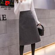 皮爾卡丹（pierre cardin）秋冬新款毛呢半身裙女高腰大d碼A字裙過(guò)膝中長(cháng)款千鳥(niǎo)格一步包臀裙 1號毛呢后開(kāi)叉中長(cháng)  灰黑色 M
