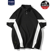 軒森圖（XUANSENTU）微胖男生夏季顯瘦穿搭短袖T恤男韓版寬松拼接V字半袖體恤套裝搭 黑色T恤 M (165) （85-120斤）