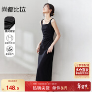 尚都比拉法式高級感連衣裙女秋季赫本風(fēng)長(cháng)款氣質(zhì)A字裙抽褶收腰顯瘦背帶裙