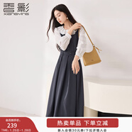 香影法式娃娃領(lǐng)收腰連衣裙女2026春裝新款灰色通勤假兩件長(cháng)袖裙子 中灰 L 165/88A/110-125斤