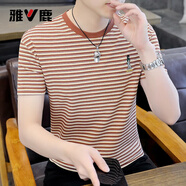 雅鹿短袖T恤男高檔薄款夏季條紋刺繡半截袖時(shí)尚帥氣上衣寬松簡(jiǎn)約T恤 708橙色 L （約105-120斤可穿）