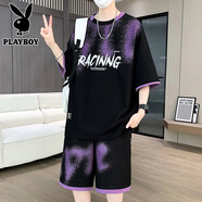 花花公子（PLAYBOY）高級感短袖t恤套裝男夏季2026新款潮流寬松休閑運動(dòng)短褲兩件套 TZ25337黑色 【高品質(zhì)】 L 100-120斤