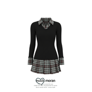 FHHUABD韓系學(xué)院風(fēng)假兩件格紋拼接連衣裙女早春秋長(cháng)袖V領(lǐng)A字裙黑色針織裙 假兩件 S