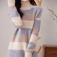 NACJOM秋冬新款高領(lǐng)澳洲100%純羊毛衫女中長(cháng)款套頭橫條紋毛衣針織打底衫 深灰領(lǐng) S